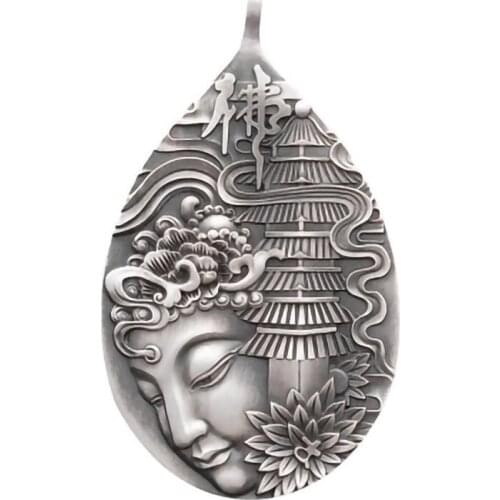 SILVER S999 GUANYIN PAGODA PENDANT STERLING SILVER VINTAGE MALE LOTUS BERGAMOT ENLIGHTENMENT PATRON SAINT NECKLACE