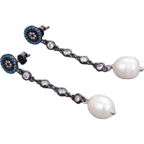JK White Rice Pearl Gunmetal Plated CZ Chain Stud Earrings