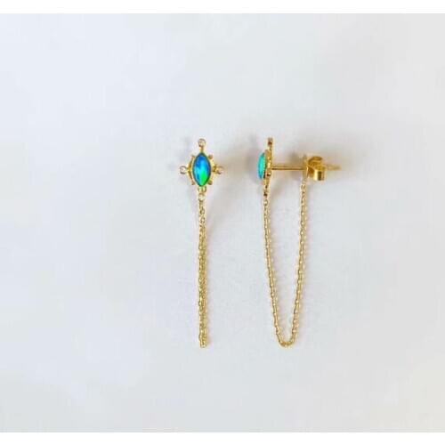 Aazuo Real Natural Blue Opal Real Diamond 18K Yellow Gold Drop Earrings Chain Earring For Wedding Party