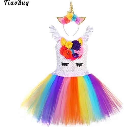 TiaoBug Kids Girls Costume Colorful Cartoon Pattern Mesh Flower Dress With Cute Headband For Stage Performance Party Birthday