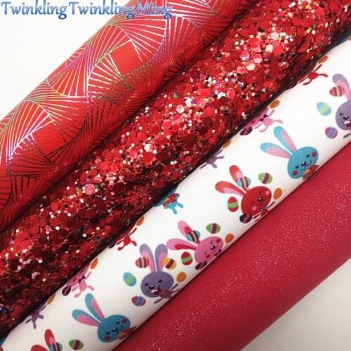 RED Glitter Fabric, Rabbit Printed Synthetic Leather, Glitter suede Faux Fabric Sheets For Bow A4 21x29CM Twinkling Ming XM020G