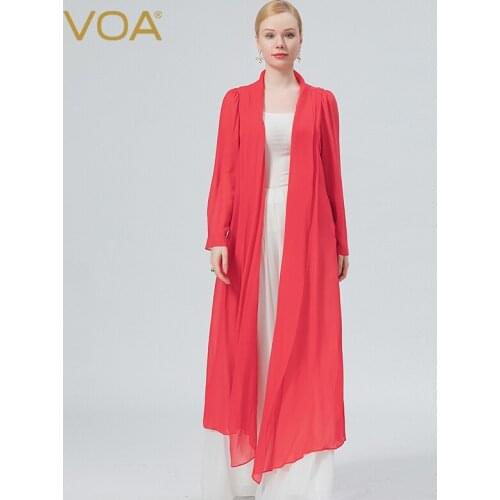 VOA Red Long Sleeve Micro Transparent Fold Loose Fresh and Breathable Sunscreen Air Shirt Female coats womens clothes FE139