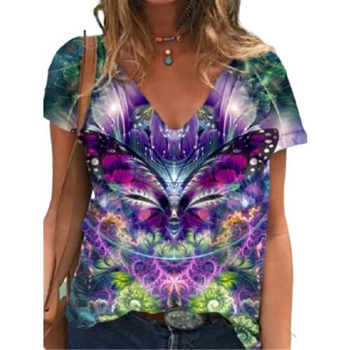 2021 Summer 3D Butterfly Print T Shirt Women Short Sleeve V-Neck Loose Casual Tops Fashion Female Streetwear Plus Size Tee Shirt