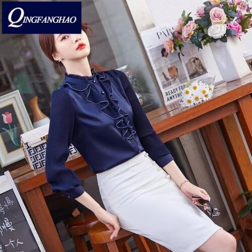 Lotus leaf-side chiffon shirt womens long-sleeved wood ear collar autumn 2021 dress new womens professional shirt fashion 6216