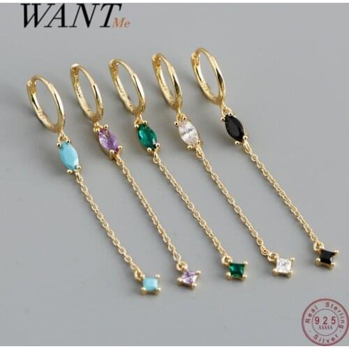 WANTME 925 Sterling Silver Geometric Color Zircon Tassel Pendant Chain Earrings for Women Bohemian European Personality Jewelry