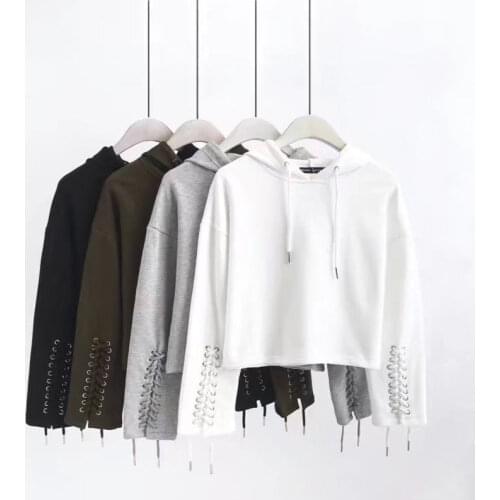 Spring Autumn New Fashion Ladies Long Sleeve Lace Up Crop Top Hoodie Women Pullover Plain Casual Short Hooded Sweatshirt Tops