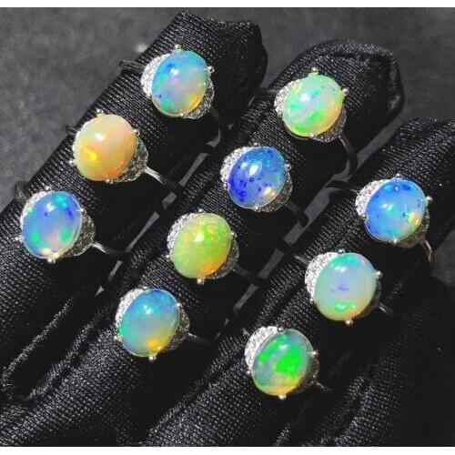 Multicolor Opal Ring Real Natural Opal Oval 7x9mm Opal 100% 925 Sterling Silver Wedding Rings Women Adjustable Rings Size