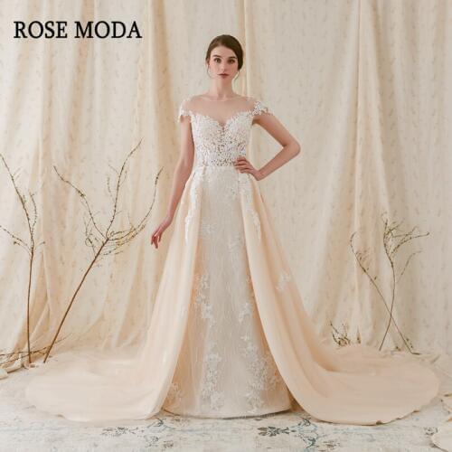 Rose Moda Stunning Lace Mermaid Wedding Dress with Detachable Train Cap Sleeves Lace Wedding Dresses Champagne