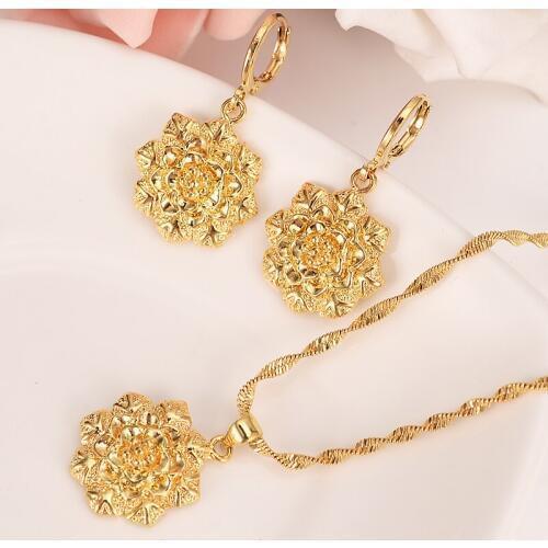 Gold Ethiopian Dubai India Flower jewelry set Jewelry Pendant Chain Earrings African Bride Wedding Flower Bijoux gifts charm