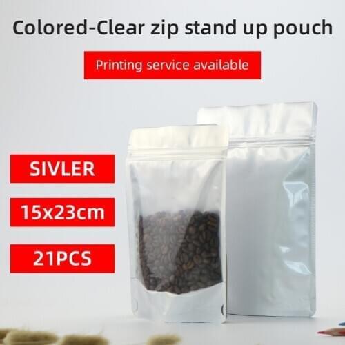 15x23cm 21pcs silver stand up pouch with zip aluminum foil zip lock bag sivler and clear packaging bag for Tea coffee pet food