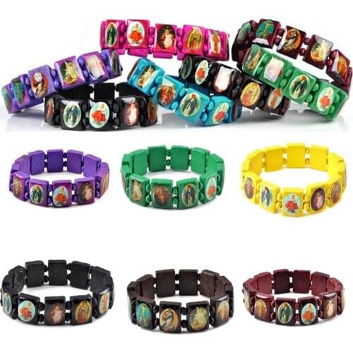 50Pcs Bulk Fashion Wooden Jesus Bracelet Wood Saints Rosary Religious Bangle For Women Men Jewelry Accessories Wholesale