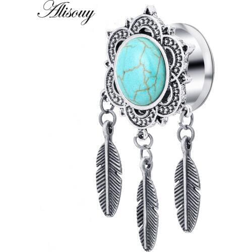 Alisouy 2pcs punk ear expandar leaves pendant ear expansion body piercing jewelry Stainless Steel gauges plugs and tunnels