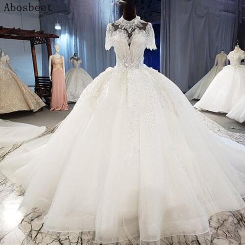 Shining Tulle High Collar Wedding Dress 2021 Short Sleeve White/Ivory Wedding Gown Fancy Beads Pearls Long Train Lace Up Back