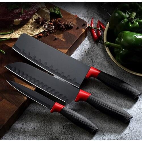Black Stainless Steel Household Kitchen Knives Non-Stick Anti-Rust Knives Kitchen Knife Fruit Knife Chef Knife Three-Piece Set