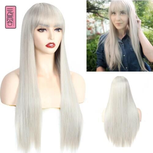 Long Silky Straight Synthetic Hair Wigs with Bangs Black Brown Pink Orange Grey Synthetic Cosplay Wig For Women Heat Resistant
