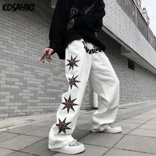 KOSAHIKI 2021 Hip-hop Streetwear Jeans Woman Man Fashion Print Denim Jeans Harajuku High Waist Straight Pants Vintage Trousers