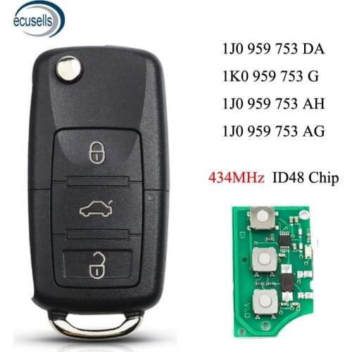 Flip Remote Key Fob 3 Buttons ID48 Chip 433MHz/434MHZ FCC ID:1J0 959 753 AH/1J0 959 753 DA/6QE 959 753 for VW Beetle Bora Golf