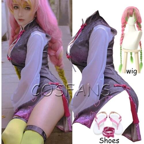 Demon Slayer Kimetsu no Yaiba Kanroji Mitsuri Halloween Cosplay Costume Women Sexy Qipao Cheongsam Dress Socks Wigs and shoes