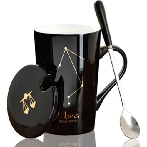 12 Constellations Creative Ceramic Mugs with Spoon Lid Black and Gold Porcelain Zodiac Milk Coffee Cup 420ML Water Drinkware