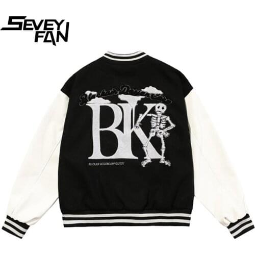 SEVEYFAN Mens Fashion Skeleton Skull Towel Embroidery Baseball Jacket Hip Hop PU Leather Patchwork Coat for Couples