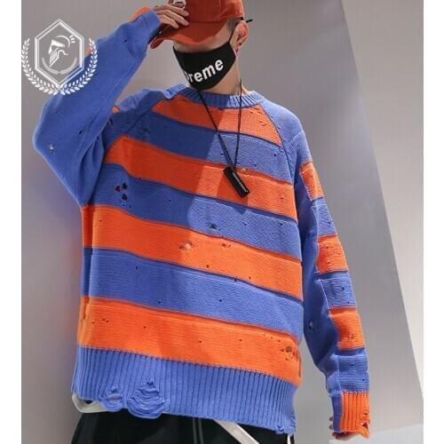 Men Loose Knitwear Fashion Stripe Hole Hip Hop Pullovers NEW Sweaters
