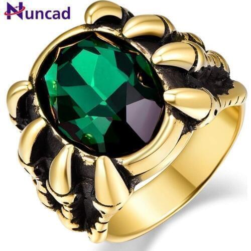 2019 NUNCAD Mens Ring Vintage Stainless Steel Ring Royal Blue/Green/Red Crystal Inlay Dragon Claw Wedding Band Ring