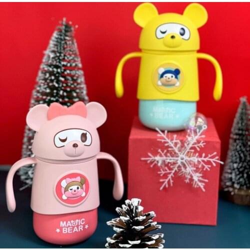 New 350ml 316 Stainless steel Portable Handle Kids Straw Water Bottle Babys Cute Cartoon Strap Thermos Cup Kids Vacuum Flasks