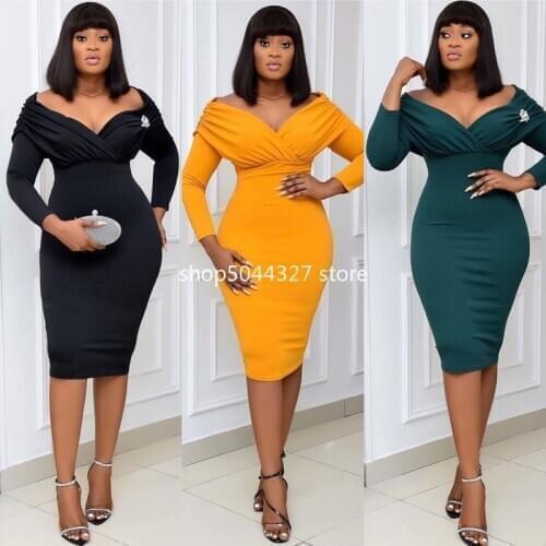 Autumn Elegent African Women Solid Color 2021 Knee-length Dress African Clothing American Clothing African Dresses for Women