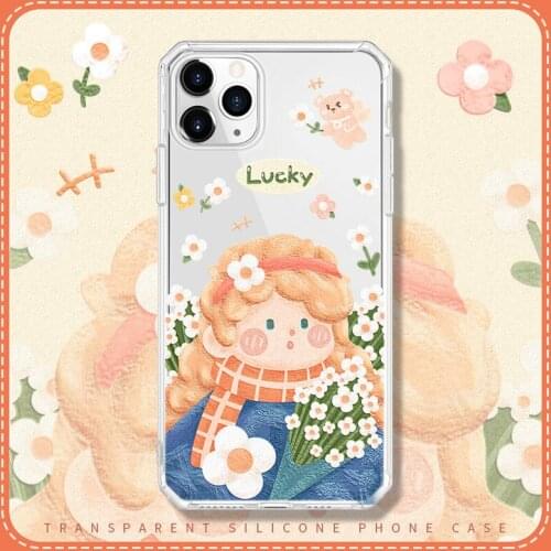 Retro Sweet flower girls bear Transparent Korean Phone Case For iPhone 11 12 Pro Max Xs Max XR Xs 7 8 Plus 7Plus case Cute Cover