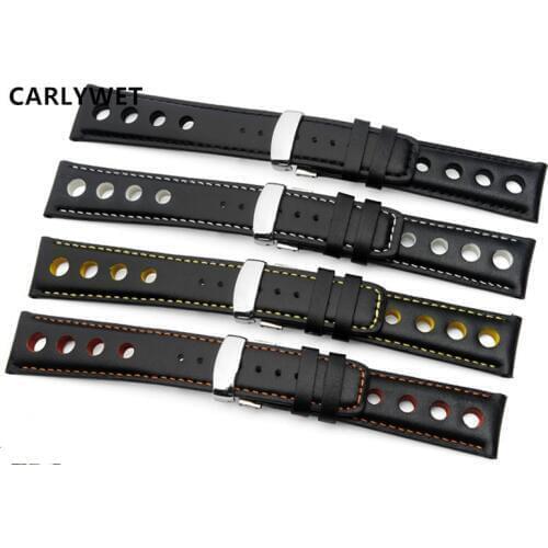 CARLYWET 20mm Real Calf Leather Handmade Black White Orange Yellow Stitches Wrist Watch Band Strap Belt Clasp For T91 PRS516
