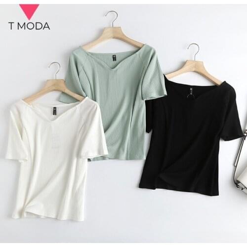 T MODA 2021 Summer Women Slim V Neck T-shirts Girls Knitted Cotton Strentch Sexy Mujer Tops Fashion Unicolor Tees Shirts Female