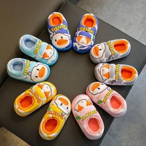Children Cotton Slippers Autumn Winter Warm Non-Slip Floor Shoes Boy Girl Women Men Cartoon Duck Print Indoor Bedroom Home Shoes