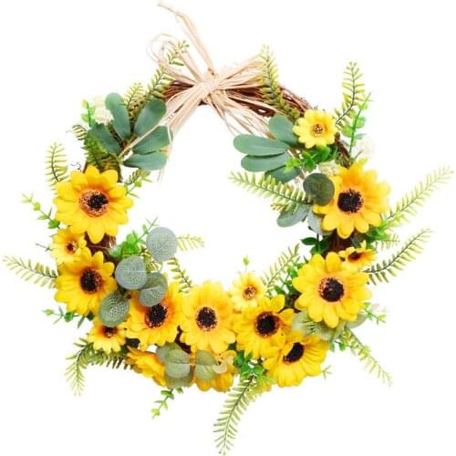 Artificial Sunflower Summer Wreath- Decorative Fake Flower Wreath With Yellow Sunflower And Green Leaves For Front Door I