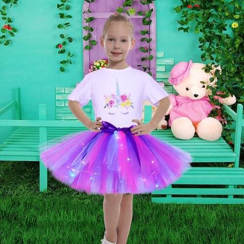 2pcs Girls LED Tutu Skirt Fancy Baby Kids Light Up Tutu Costume Unicorn Kids Party Dresses Halloween Costume for Girl Dress Up