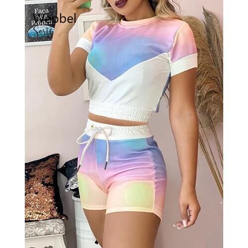 WEPBEL Women Sets Short Sleeve Tops High Waist Shorts Color Tie-Dye Printing 2 Piece Sets Outfits Fashion Casual Shorts Sets