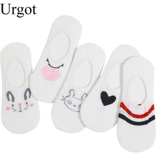 Urgot 5 Pairs Womens Socks Shallow Mouth Invisible Socks Women Summer Cotton Silicone Non-Slip Low Cut Cartoon Boat Socks Women