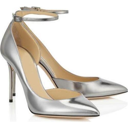Steel Mirror Leather Pointy Toe Pumps New Concise Wedding Party Anklle Buckle High Heel Women Pums Size 34 to 42 On Sales