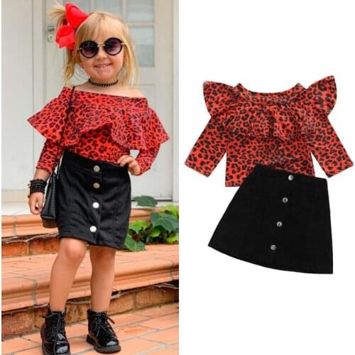 1-6 Years Girls Clothes Set Leopard Print Long Sleeve Off-Shoulder Tops+Solid Color Short A-Line Skirt Girls Spring Fall Set