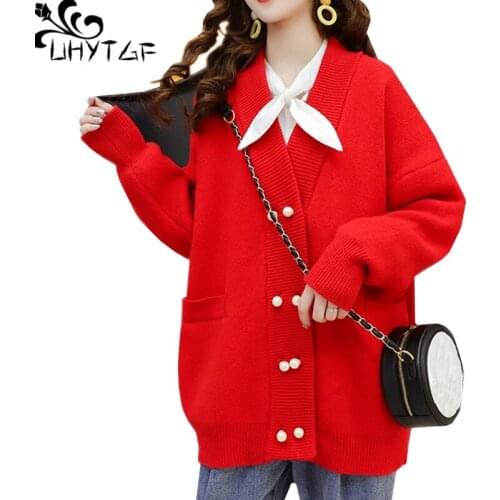 UHYTGF Womens autumn sweater coat Korean small fresh loose plus size sweaters knitted cardigan female jacket mujer suéteres 1288