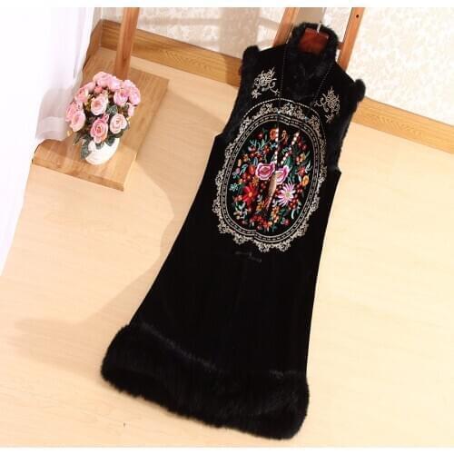 Autumn Winter Retro Women Sleeveless Dress Vintage Embroidery Chinese Style Elegant Lady Loose Velvet Dress S- XXL