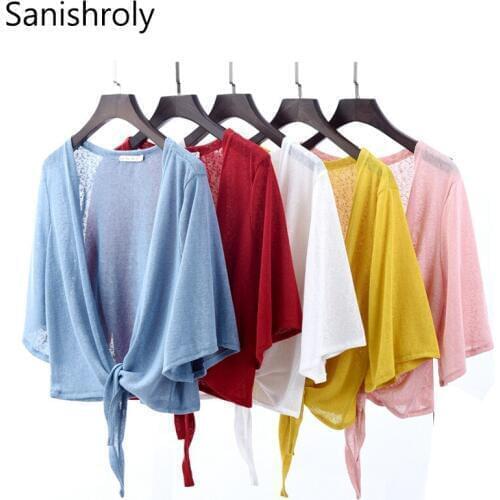 Sanishroly Spring Autumn Women Short Cardigan Coat Casual Loose Thin Lace Cardigans Female Tie Bow White Outwear Plus Size SE651