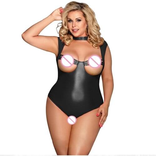 Women Sexy Faux Leather Bodysuit Rompers Black/Red Sheer Chest Hollow Out Teddies Underwear Erotic Lingerie Plus Size 5XL