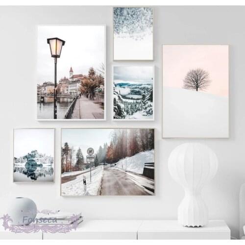 Winter Snow Landscape Canvas Painting Forest Lake Street Road Posters and Prints Wall Art Pictures for Living Room Home Decor