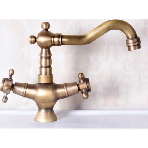 Antique Brass Single Hole Double Cross Handles Swivel Spout Kitchen Sink Bathroom Vessel Basin Faucet Mixer Tap anf248