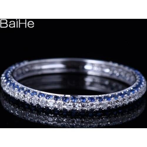 BAIHE Sterling Silver 925 0.6CT Certified H/SI Round Natural Diamonds& Sapphires Wedding Women Trendy Fine Jewelry Sapphire Ring