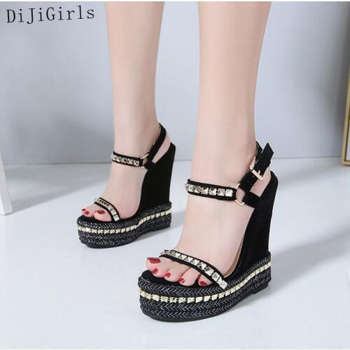 DiJiGirls Wedges Sandals Shoes Women High Heels Wedge Platform Rivet Sandals Fashion Street Beat Party Shoes Summer Pumps Size 9