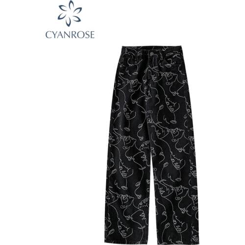 High Waist Jeans Woman Plus Size Street Style Abstract Print Denim Pants Cotton Loose Coated Vintage Washed Boyfriend Jeans 2021