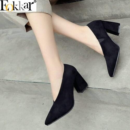 Eokkar 2019 Casual Shoes Pointed Toe Women Mules High Heels Women Pumps Flock Black Dropshipping Ladies Pumps Big Size 34-43
