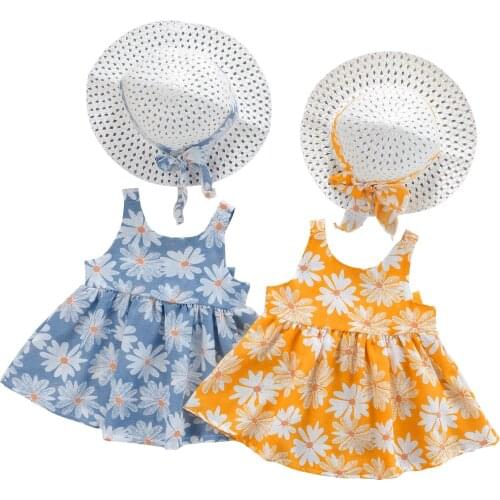 FOCUSNORM 0-4Y Summer Baby Girls Sweet Dress Hats 2pcs Strap Sleeveless Flowers Printed Back Bowknot Sundress