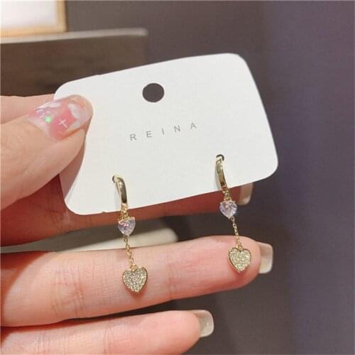 Delicate Luxurious Rhinestone Love Heart Dangle Earrings for Women Korean Trendy Simple Retro Jewelry Elegant Drop Earrings Gift